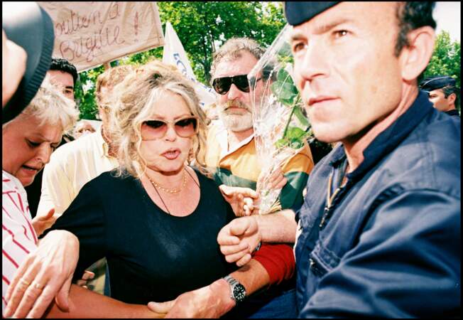 En 1994, Brigitte Bardot (60 ans) milite devant la mairie de Saint-Tropez contre un congrès de chasseurs