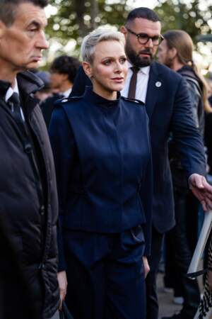 La Princesse Charlène de Monaco à la sortie du défilé de prêt à porter Akris durant la Fashion Week de Paris 2022