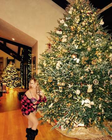 Mariah Carey en sous-vêtements et chemise à carreaux à Noël 2016