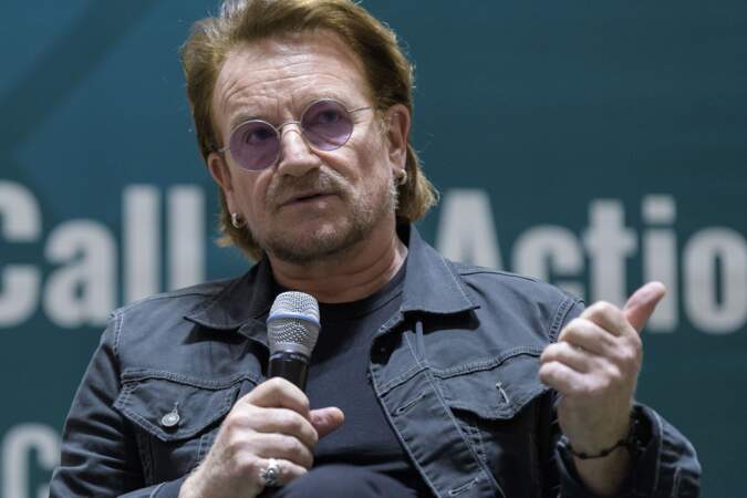 Bono (60 ans) se mobilise en faveur de l'éducation des adolescentes au siège de l'ONU à New York, le 11 février 2020.