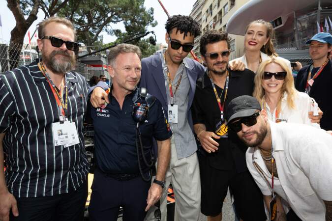 David Harbour, Christian Horner, Archie Madekwe, Orlando Bloom, Maria Sharapova, Kylie Minogue au 80ème Grand Prix de Monaco de Formule 1, le 28 mai 2023.