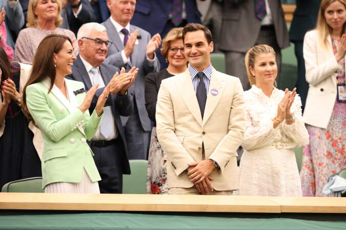 Tournoi de Wimbledon 2023 à Londres : Kate Middleton, princesse de Galles, Roger Federer et sa femme Mirka.