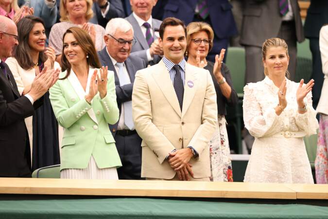 Tournoi de Wimbledon 2023 à Londres : Kate Middleton, princesse de Galles, Roger Federer et sa femme Mirka.