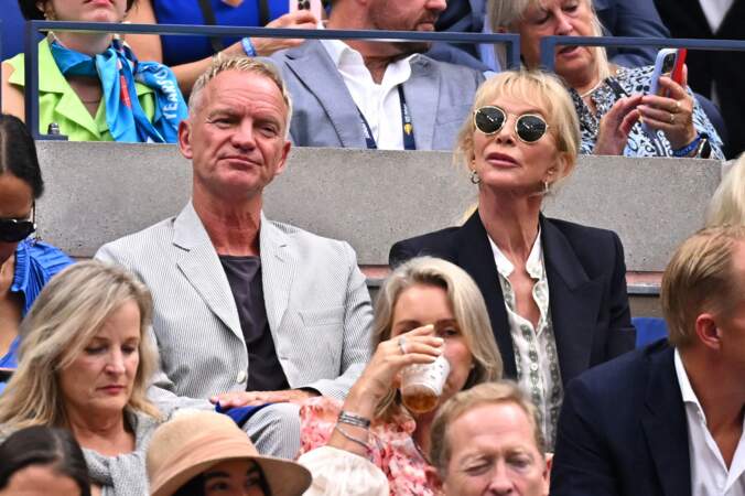 Le musicien et acteur anglais Sting et sa femme Trudie Styler lors de la finale masculine de l'US Open 2023.