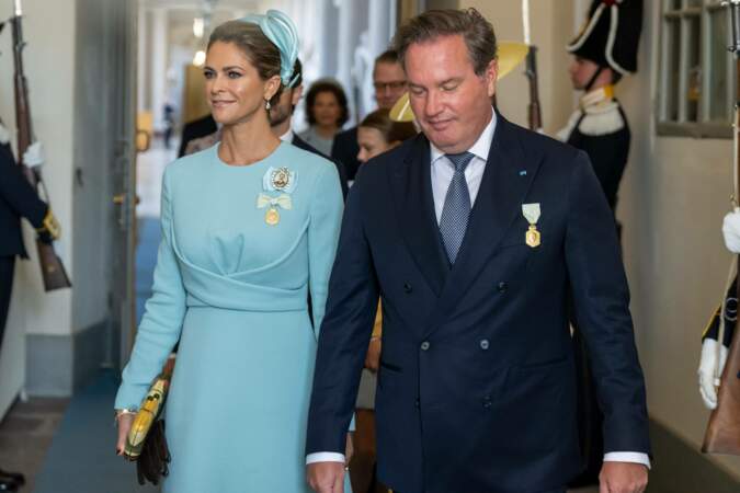 La princesse Madeleine de Suède et Christopher O’Neill arrivent pour le service d'action de grâce, Te Deum, dans l'église du Palais Royal à Stockholm.