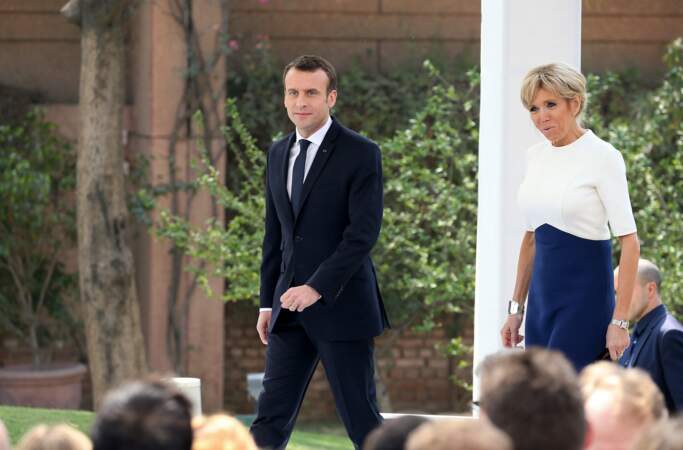 Le président Emmanuel Macron et sa femme Brigitte à la réception de la communauté française à la Résidence de France à New Delhi 