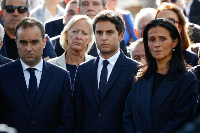 Sébastien Lecornu, Gabriel Attal et Sophie Cluzel lors des obsèques de Jean-Pierre Elkabbach à Paris ce 6 octobre 2023. 