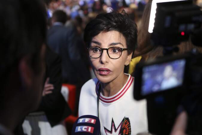 Rachida Dati lors du grand meeting de campagne de l'Union de la droite et du centre pour les élections européennes à Paris, en 2019.