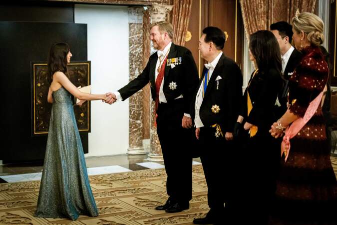 Banquet d'État : la première dame Kim Keon Hee, le président de la République de Corée Yoon Suk Yeol, le roi Willem-Alexander et la reine Maxima des Pays-Bas.