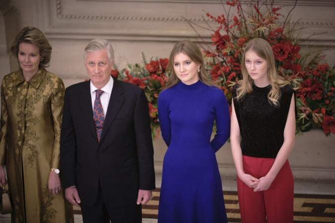 Réception royale de Noël : La reine Mathilde, le roi Philippe, la princesse Élisabeth et la princesse Éléonore de Belgique.