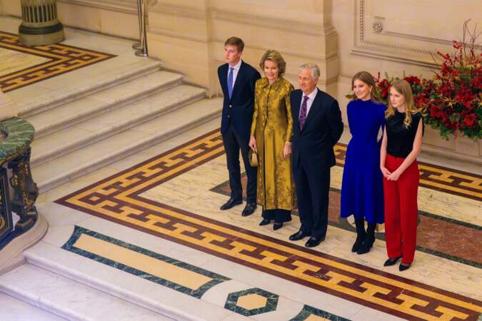 Réception royale de Noël : la reine Mathilde, le roi Philippe, la princesse Élisabeth et la princesse Éléonore de Belgique.