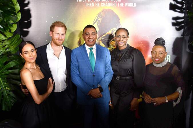 Prince Harry, Meghan Markle, Andrew Holness, et Juliet Holness à la première du film "Bob Marley : One Love" à Kingston en Jamaïque