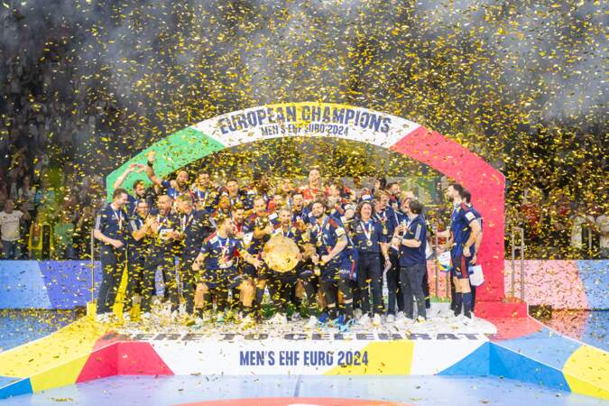 La France championne d'Europe de Handball face au Danemark lors des Championnats d'Europe à Cologne, le 28 janvier 2024. 