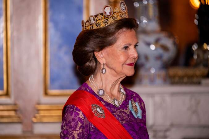Dîner d'état en l'honneur du président Emmanuel Macron et de Brigitte Macron au Palais royal de Stockholm : la reine Silvia de Suède.
