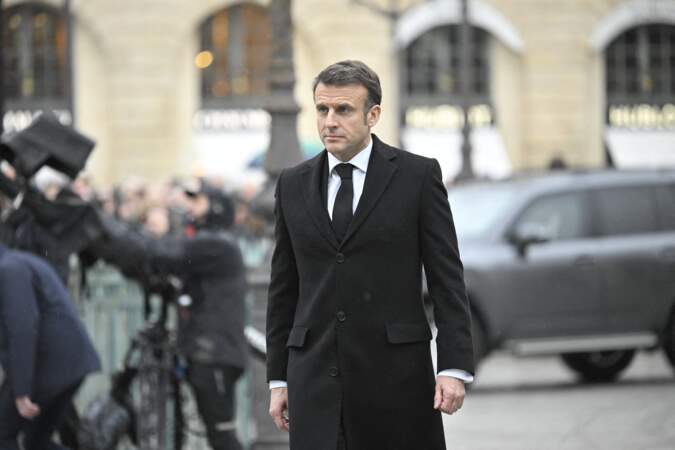 Hommage national à Robert Badinter au ministère de la Justice, Place Vendôme le 14 février 2024 : Emmanuel Macron