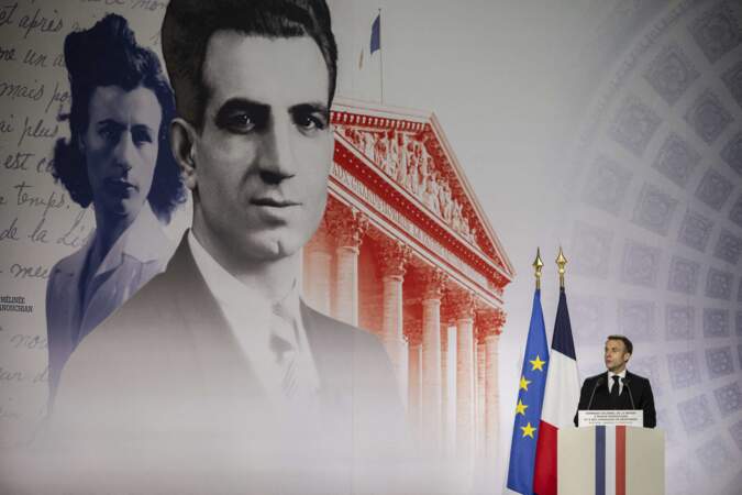 Le président français Emmanuel Macron prononce un discours lors de l'hommage national au résistant communiste arménien et à ses camarades au Panthéon, à Paris, en France, le 21 février 2024.