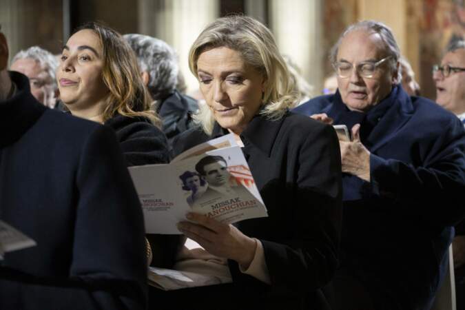 Marine Le Pen lors de la cérémonie d'État pour l'intronisation de Missak Manouchian et de sa femme Mélinee au Panthéon à Paris le 21 février 2024. 