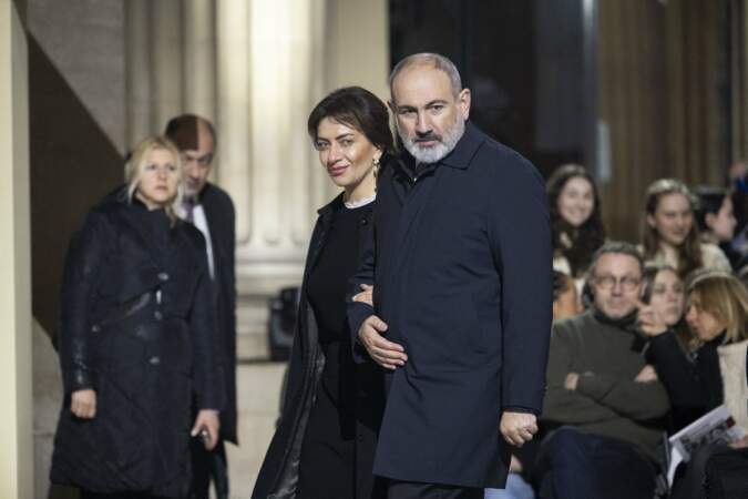 Nikol Pashinyan, premier ministre de l'Arménie et sa femme Anna Hakobian lors de la cérémonie d'État pour l'intronisation de Missak Manouchian et de sa femme Mélinee au Panthéon à Paris le 21 février 2024.