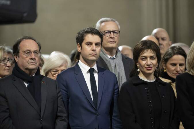 François Hollande, le premier ministre Gabriel Attal et Anna Hakobian lors de la cérémonie d'État pour l'intronisation de Missak Manouchian et de sa femme Mélinee au Panthéon.