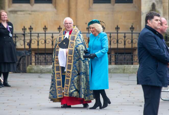 Arrivée de Camilla Parker Bowles au service de célébration de la Journée du Commonwealth à l'abbaye de Westminster de Londres.