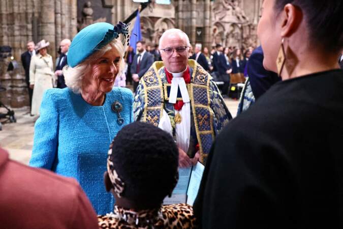 La reine Camilla s'adresse aux invités lors de la cérémonie annuelle du Jour du Commonwealth à l'abbaye de Westminster à Londres.