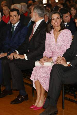 Le roi d'Espagne Felipe VI et la reine Letizia lors de la remise des médailles d'or du mérite des beaux-arts 2022 à Cadix le mercredi 3 avril 2024.