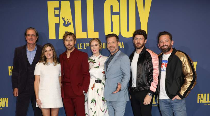 Guymon Casady (producteur), Kelly McCormick (productrice), Ryan Gosling (personnage de Colt et producteur), Emily Blunt (Jody), David Leitch (réalisateur et producteur), Ben Jenkin et Holladay au photocall du film Fall Guy à Paris.